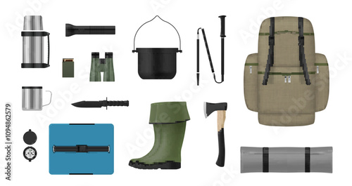 Hiking equipment camping travel adventure outfit set realistic vector illustration