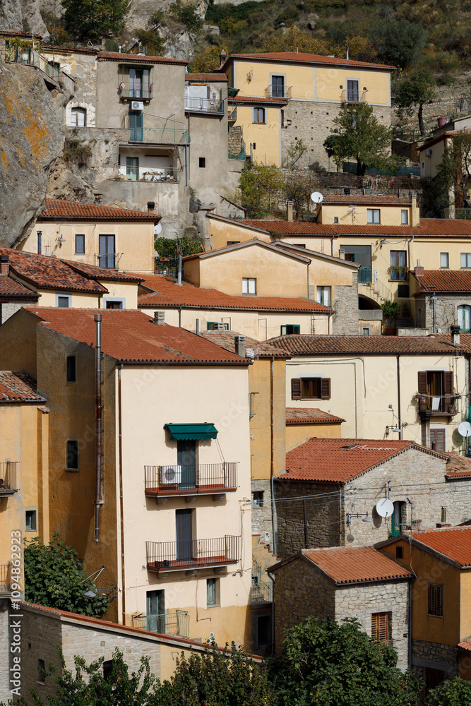 The picturesque village of Castelmezzano on the scenic rocks of the of the Apennines Dolomiti Lucane, Basilicata, Italy The picturesque village of Castelmezzano on the scenic rocks of the of the Apennines Dolomiti Lucane, Basilicata, Italy