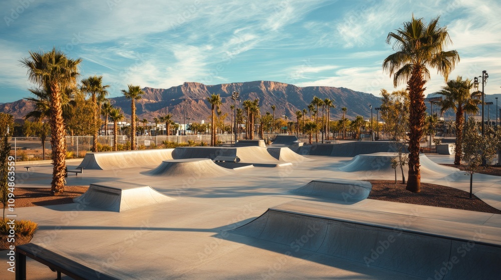 Fototapeta premium Desert Skatepark With Mountains And Palm Trees