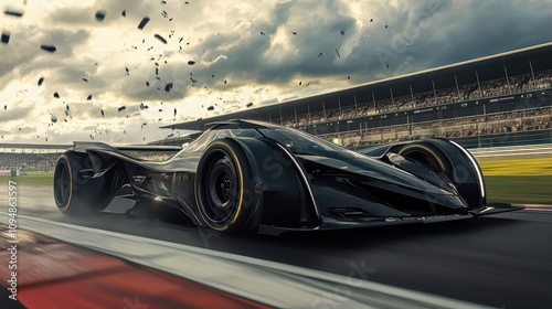 Sleek Carbon Black Racing Car Power Sliding Through Silverstone's Maggots-Becketts: Dramatic Storm Clouds, Breakthrough Sunlight, and Ultra-Detailed Tire Textures. photo