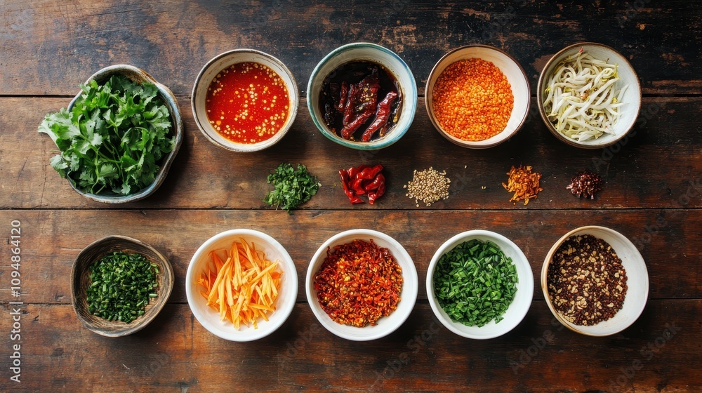 Fresh vegetables and spices are arranged neatly on a wooden table, ready for hot pot cooking Fresh vegetables and spices are arranged neatly on a wooden table, ready for hot pot cooking