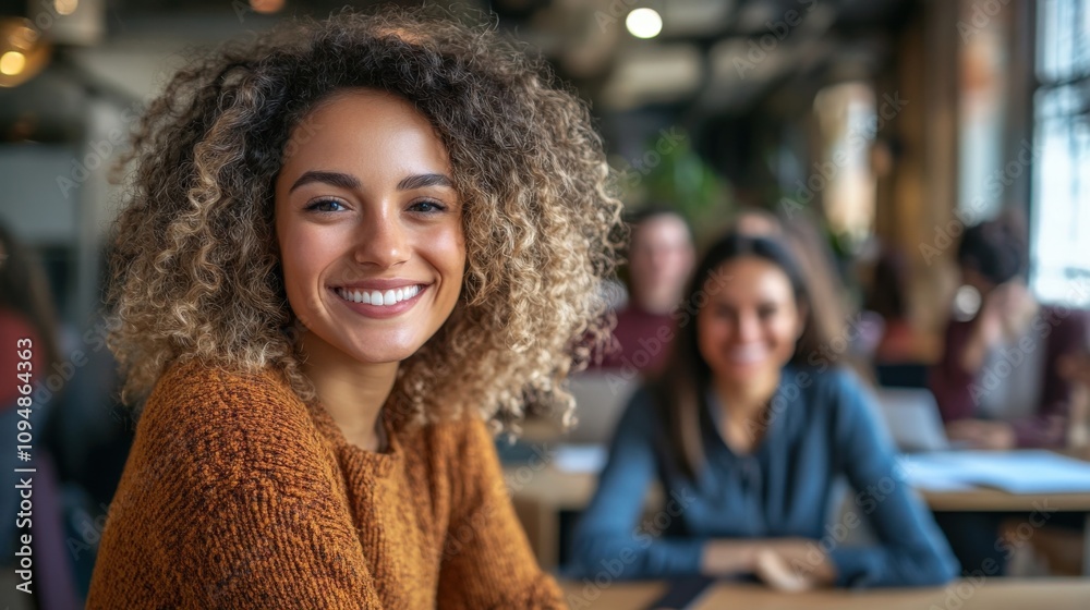 Young Woman Smiling in a Busy Cafe Setting Young Woman Smiling in a Busy Cafe Setting