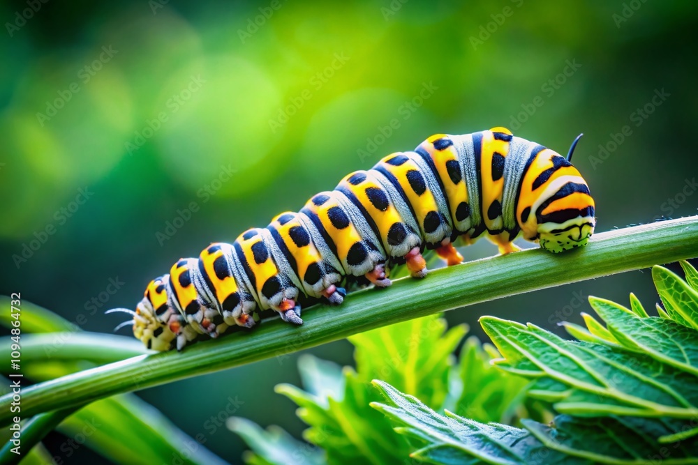 Captivating Close-Up of a Green, Yellow, and Black Caterpillar on a Leaf Surrounded by Lush Green Foliage, Showcasing Nature's Intricate Patterns and Textures Captivating Close-Up of a Green, Yellow, and Black Caterpillar on a Leaf Surrounded by Lush Green Foliage, Showcasing Nature's Intricate Patterns and Textures