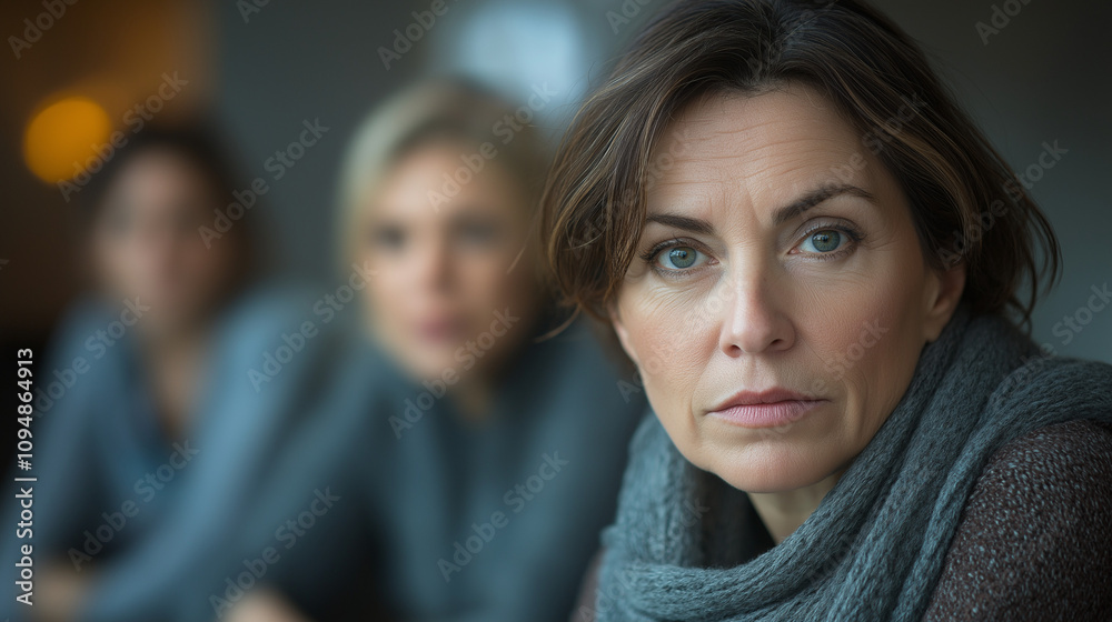 Fototapeta premium Support group woman with serious expression sitting in focus during discussion