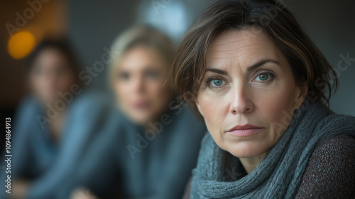 Support group woman with serious expression sitting in focus during discussion