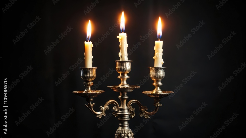 Ornate Candelabra with Three Lit Candles Against a Black Background Ornate Candelabra with Three Lit Candles Against a Black Background