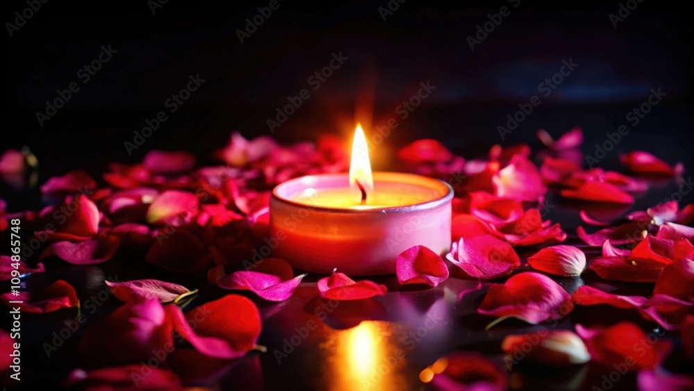 A Single Candle Burning Amidst Scattered Rose Petals A Single Candle Burning Amidst Scattered Rose Petals