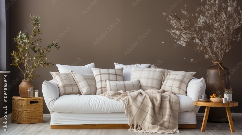 Relax in a white sofa with pillows and a plaid in a Scandinavian-style living room. A perfect blend of comfort and simplicity. Relax in a white sofa with pillows and a plaid in a Scandinavian-style living room. A perfect blend of comfort and simplicity.