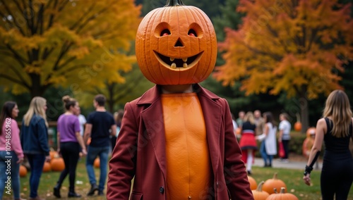 VegetarianVegan pumpkin-headed character amidst a festive Halloween setting photo