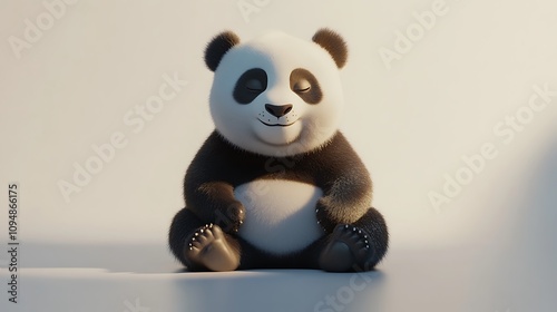 A panda sitting in a relaxed pose, its eyes half-closed in contentment on a white background