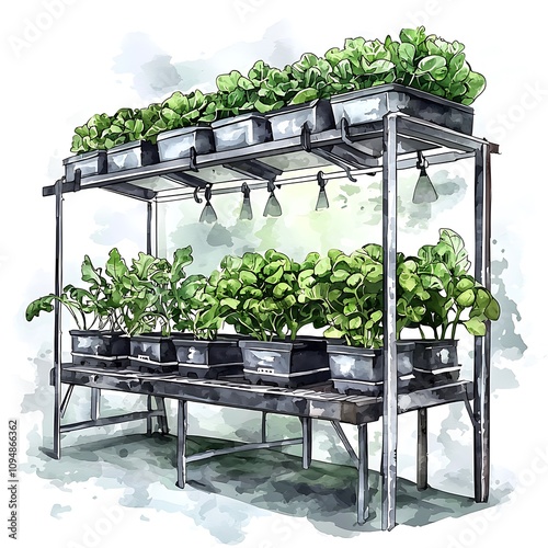 Watercolor illustration of a hydroponic system with various leafy greens growing in pots under artificial grow lights.