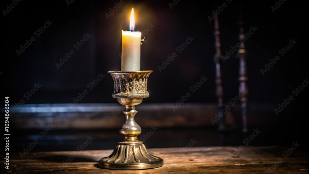A Single Candle Burning in a Brass Candlestick on a Wooden Surface A Single Candle Burning in a Brass Candlestick on a Wooden Surface