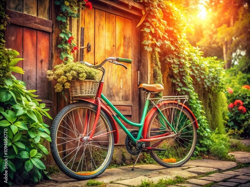 Captivating Colorful Old Bike Against a Rustic Background with Ample Copy Space for Creative Use in Advertisements or Blogs Featuring Vintage Themes and Outdoor Adventures photo