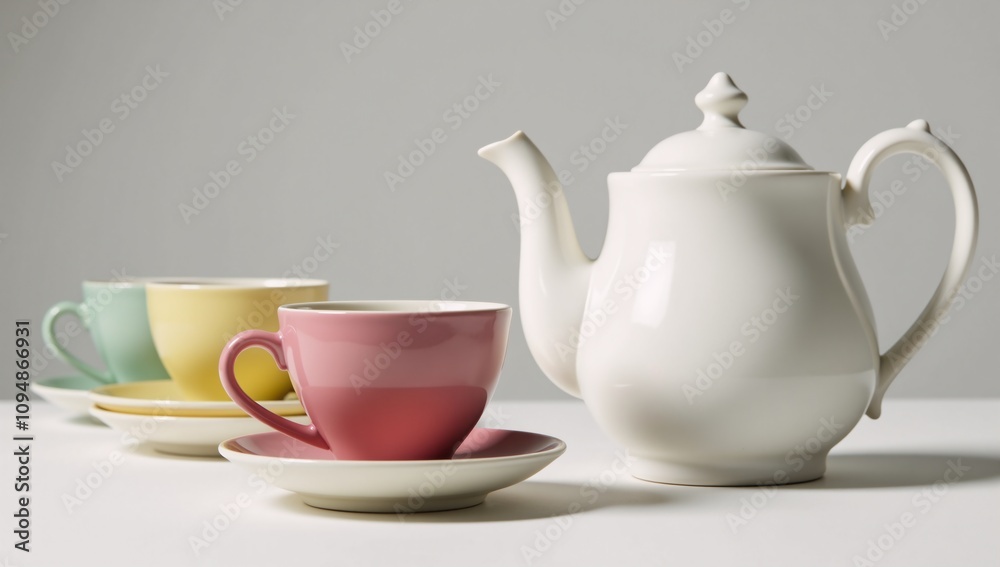 Teapot on white backdrop with refreshments table setting Teapot on white backdrop with refreshments table setting