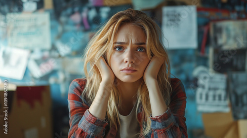 Stressed young woman with worried expression sitting in a chaotic environment with copy space