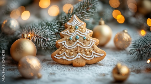 Christmas cookies in the shape of a Christmas tree decorated with balls. Christmas baking, New Year traditions