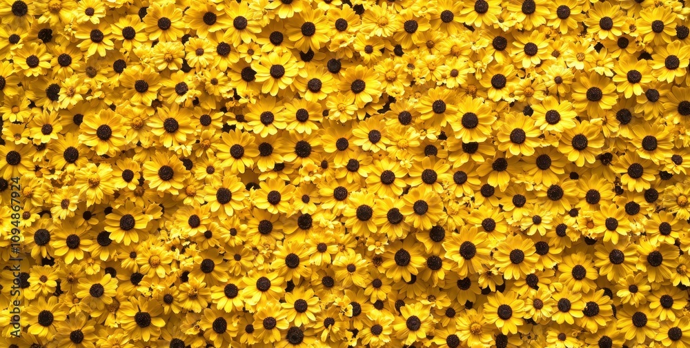 Top view of a wall of vibrant yellow Black-Eyed Susan flowers in full bloom. Top view of a wall of vibrant yellow Black-Eyed Susan flowers in full bloom.