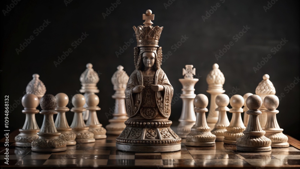 A Close-Up View of a Carved Chess Queen on a Wooden Chessboard A Close-Up View of a Carved Chess Queen on a Wooden Chessboard