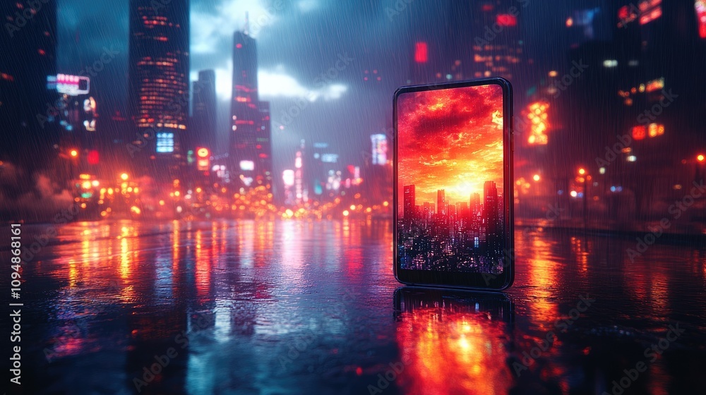 A smartphone displays a vibrant sunset over a cityscape, reflecting on a wet surface. A smartphone displays a vibrant sunset over a cityscape, reflecting on a wet surface.