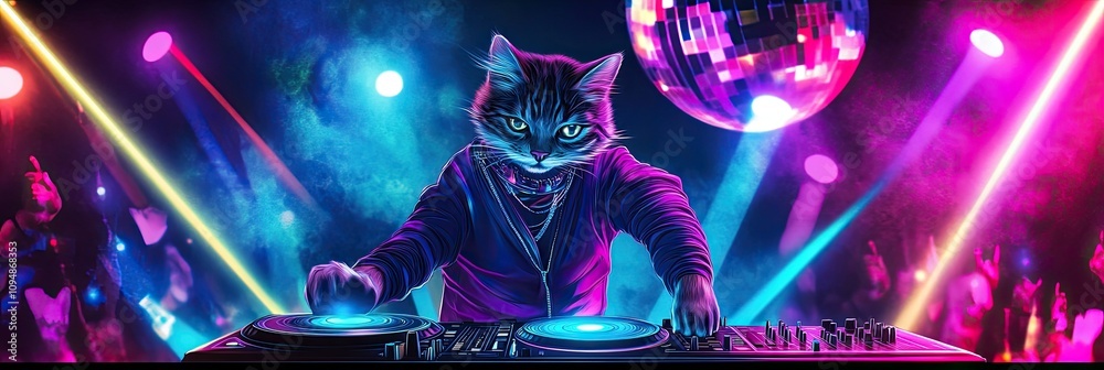 A hip cat DJ, spinning a neon record under a disco ball with vivid spotlight effects