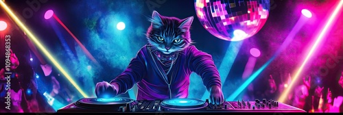 Obraz na płótnie A hip cat DJ, spinning a neon record under a disco ball with vivid spotlight effects w salonie