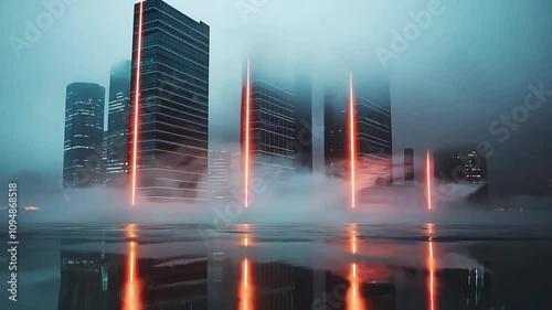 A Stunning Night View of Skyscrapers in a Foggy Urban Environment with Neon Lights Reflecting on a Wet Surface