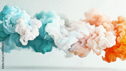 Abstract flow of vibrant smoke in shades of blue, white, and orange creating a soothing visual effect on a minimalistic background for creative projects