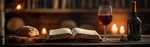 Communion still life with bread, wine, and open Bible