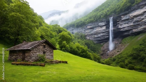 Serene Mountain Landscape with a Rustic Stone Cabin Surrounded by Lush Green Trees and a Majestic Waterfall Cascading Down the Cliffs