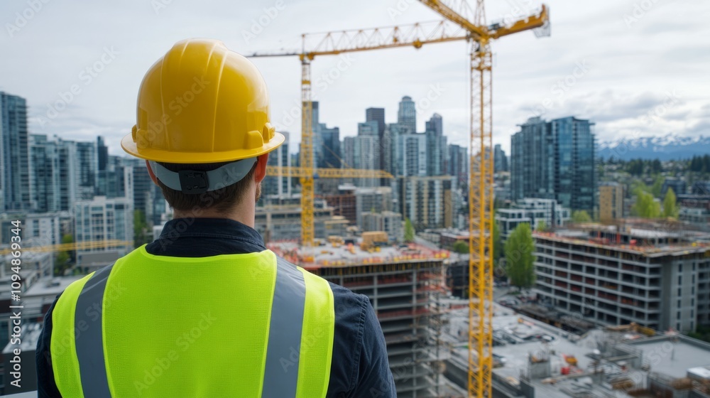 A construction worker in a yellow hard hat and reflective safety vest stands overlooking a bustling construction site with a stunning urban skyline in the background A construction worker in a yellow hard hat and reflective safety vest stands overlooking a bustling construction site with a stunning urban skyline in the background