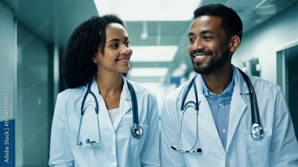 Two smiling doctors in a hospital corridor. Join our smiling doctors as they walk through the hospital corridor, making connections and sharing laughter with patients. Two smiling doctors in a hospital corridor. Join our smiling doctors as they walk through the hospital corridor, making connections and sharing laughter with patients.