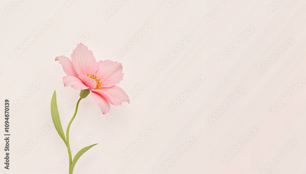 Pink flower with green stem on a light background with copy space for design