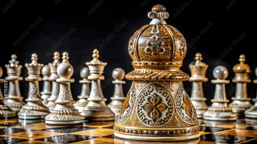 Ornate Chess Piece on a Wooden Board Ornate Chess Piece on a Wooden Board