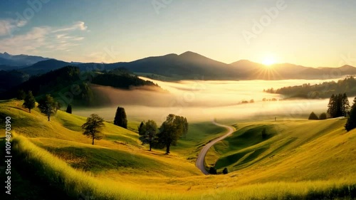 Serene Sunrise Over Mountain Landscape with Lush Green Hills and Foggy Valley, Capturing Tranquility and Natural Beauty in a Peaceful Setting