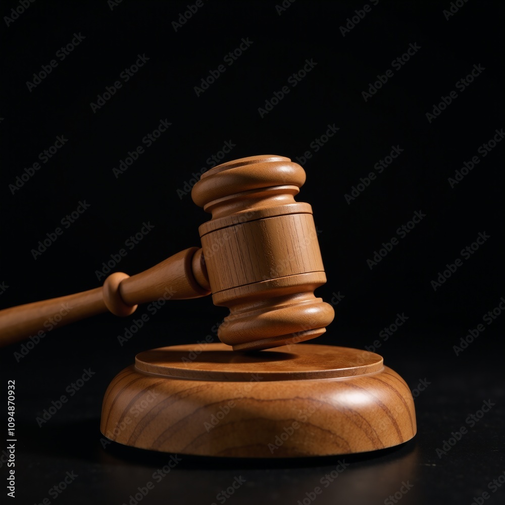 A wood gavel on a stand symbolizes power and judgment in a courtroom scene