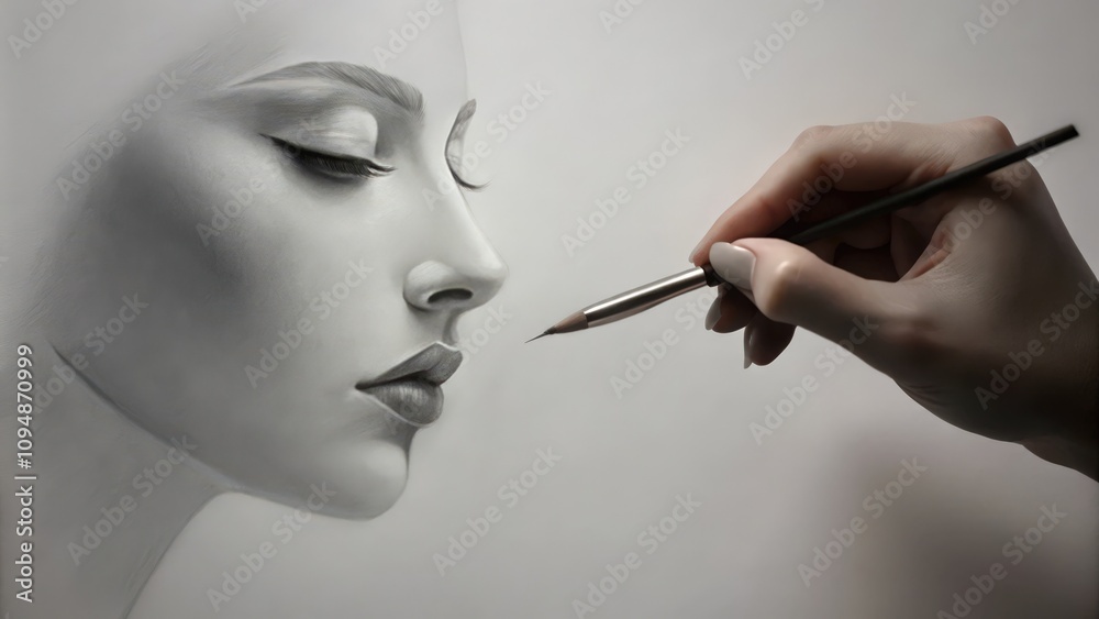 Obraz premium A Hand Holding a Pencil Finishes a Portrait of a Woman