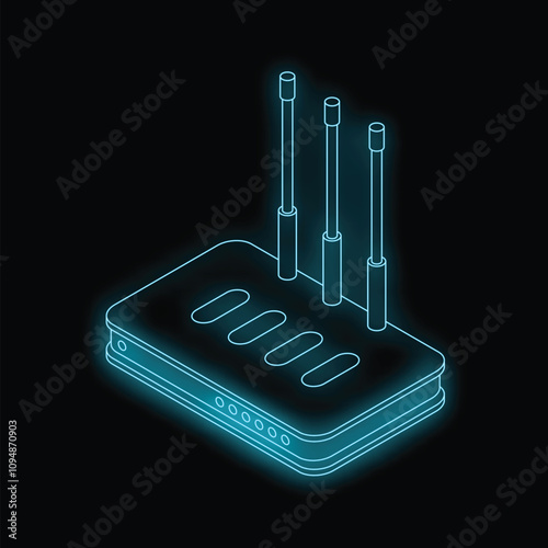 Neon blue wi fi router glowing on a black background representing the concept of wireless internet connection