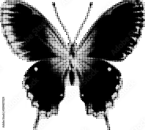 Butterfly halftone effect, Y2K butterfly bitmap, Butterfly pixelated transparent element