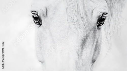 A close-up of a horseâ€™s face, focusing on its expressive eyes and smooth coat on a white background photo