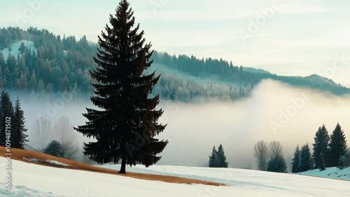 Scenic Winter Landscape Featuring Majestic Pine Trees Overlooking Foggy Hills and Snow-Capped Mountains Under a Blue Sky with Dramatic Cloud Patterns
