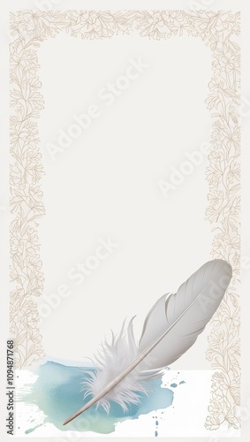 Elegant white feather resting on a light teal watercolor splotch, framed by delicate floral borders. A serene and artistic image.