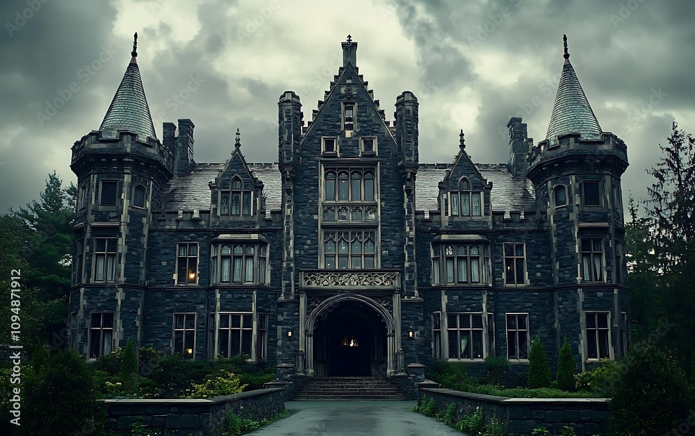 Fototapeta premium Dark gothic castle exterior under stormy sky.