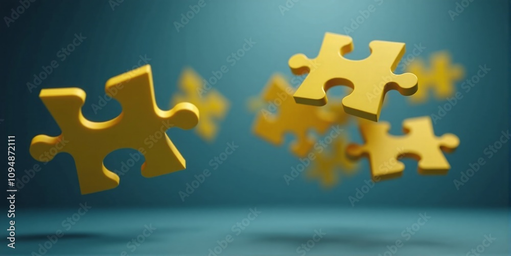 Obraz premium Puzzle pieces drift weightlessly, suspended in mid-air - fragmented dreams dancing, waiting to reveal their connection