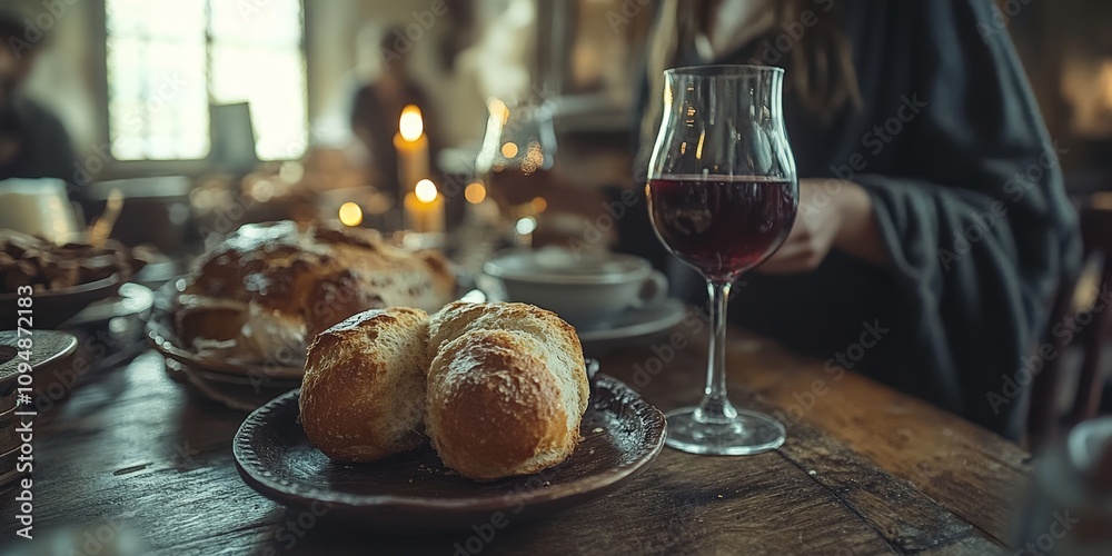 Obraz premium Communion bread, wine, and Bible representing spiritual reflection