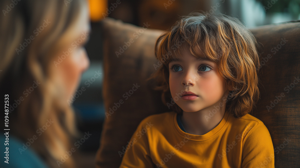 Therapy session with focused young boy engaging in conversation in a warm setting with copy space Therapy session with focused young boy engaging in conversation in a warm setting with copy space