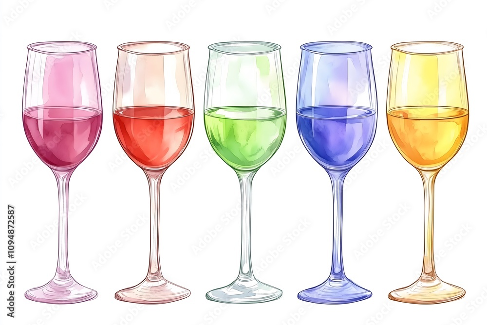 A drawn illustration in a cartoon style of colorful wine glasses on a white background