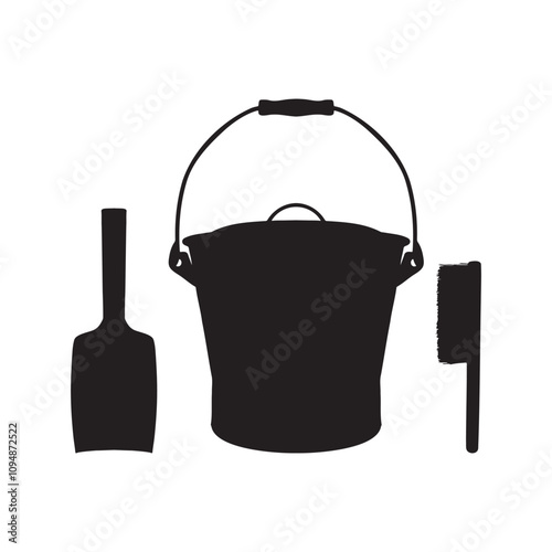 Ash Bucket with Shovel and Hand Broom Silhouette Vector Illustration