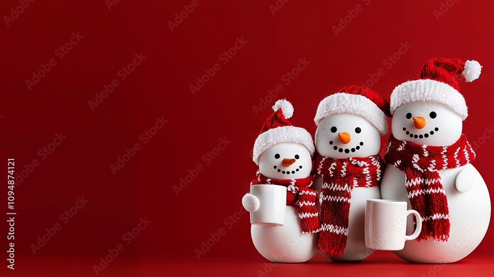 Three snowmen with hats and scarfs holding mugs Three snowmen with hats and scarfs holding mugs