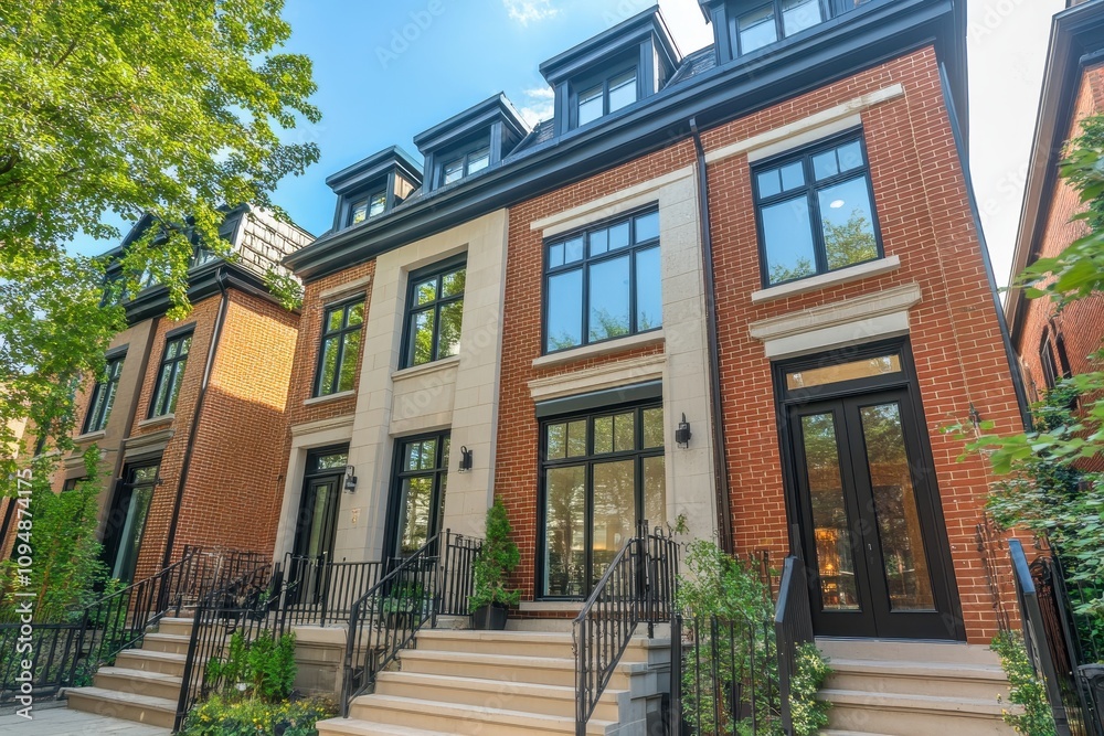 Obraz premium Modern townhouses with brick facades and landscaped entrances.