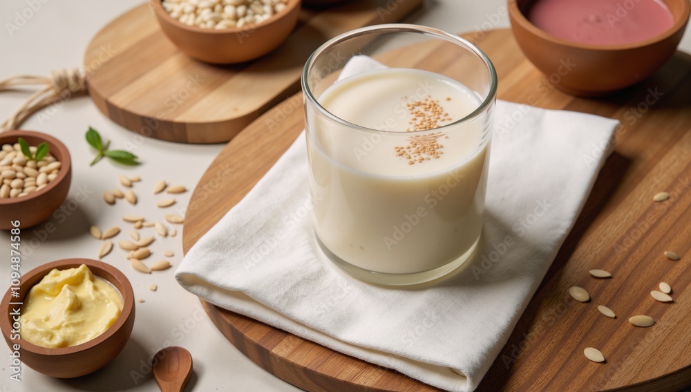 Vegan non-dairy alternative Rice milk with seeds on wooden board and glass Vegan non-dairy alternative Rice milk with seeds on wooden board and glass